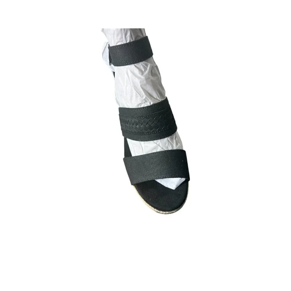 Toms Womens Black Triple Band Peep Toe Ankle Straps Wedge Sandals Sz 10 New